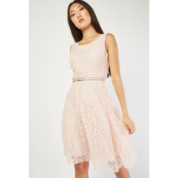 🍩 Devore Pattern Midi Flared Dress Peach - Picture 1 of 8